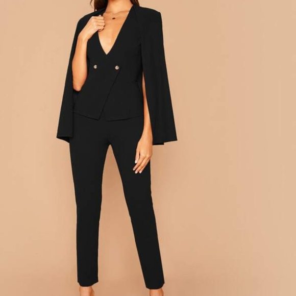 ALL ABOUT CLASS black 2 piece Cape Blazer & Pants Suit - Picture 3 of 16